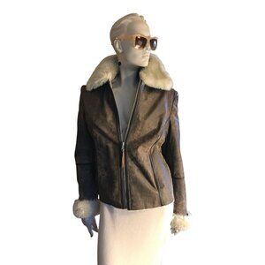 Express Women's Brown Distressed Leather Faux Fur Bomber Aviator Chore Jacket